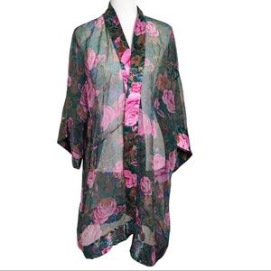 Vintage Gold Label Victoria Secret Dark Green Floral Sheer & Satin Kimono OS